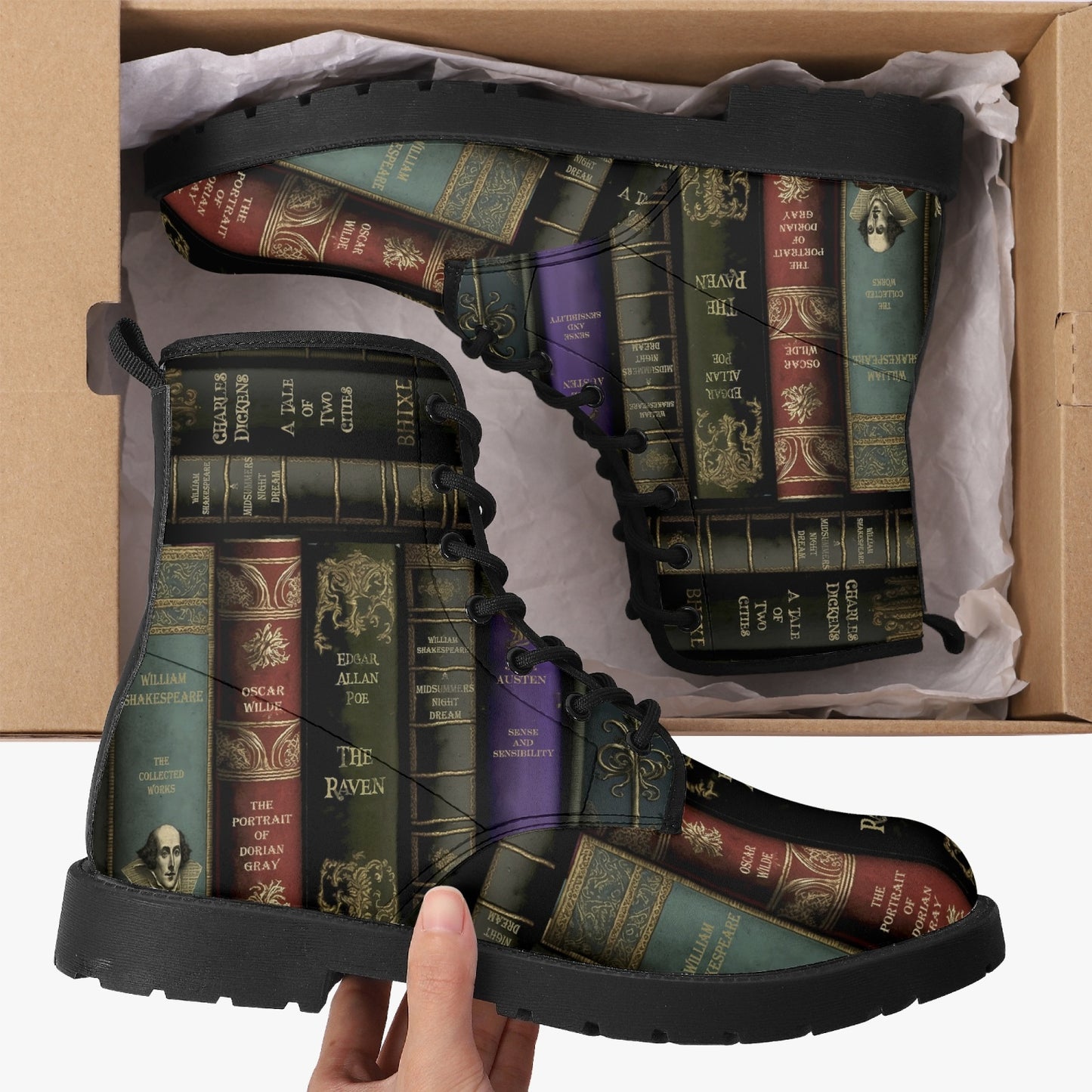 Vintage Books Combat Boots - Dark Academia Aesthetic Shoes - Librarian Boots (JPVINBOOKS)
