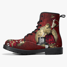 Load image into Gallery viewer, Alice in Wonderland Gothic Red and Gold Combat Boots - Through the Looking Glass Goth Boots, Red Gothic Grunge Version (JPREG96)
