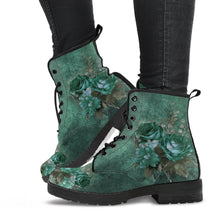 Load image into Gallery viewer, green gothic lace up combat boots. A darkish green grungy background with the green gothic roses print in the foreground. the boots are just above ankle length and have a black rubber sole.
