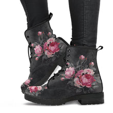 Load image into Gallery viewer, image shows gothic lace up combat boots with  black soles and black laces just above ankle length.  The boots feature a print of pink and grey roses on a grey grungy background
