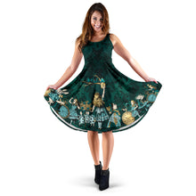 Load image into Gallery viewer, alice in wonderland bottle green sleeveless dress with full skirt and pockets.  features Alice in wonderland, cheshire cat, queen of hearts, the white rabbit, in turquoise, green and gold on a bottle green background. Mad hatter tea party dress
