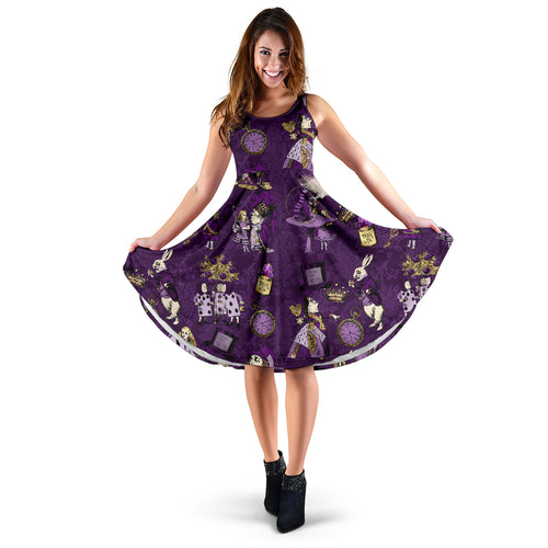 Purple Alice in Wonderland sleeveless sundress with full skirt and pockets.  The neckline is a medium scoop .  The bodice is slim fitting.  A vibrant purple back ground printed with Alice characters in purple and gold.  