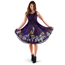 Load image into Gallery viewer, Alice in wonderland purple sleeveless dress with full skirt and pockets.  Deep purple damask print background with Alice characters in purple and turquoise.  Fun gothic Alice dress, great for tea parties
