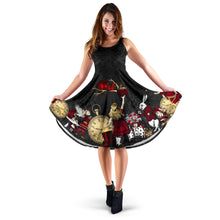 Load image into Gallery viewer, Alice in Wonderland sleeveless dress with full skirt. Gothic midi dress with black lace print background and Alice characters in vivid red and gold.  Gothic Alice in Wonderland dress. 
