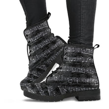 Load image into Gallery viewer, black vintage sheet music lace up combat boots.  Black grungy vintage writing background over printed with sheet music in white. 
