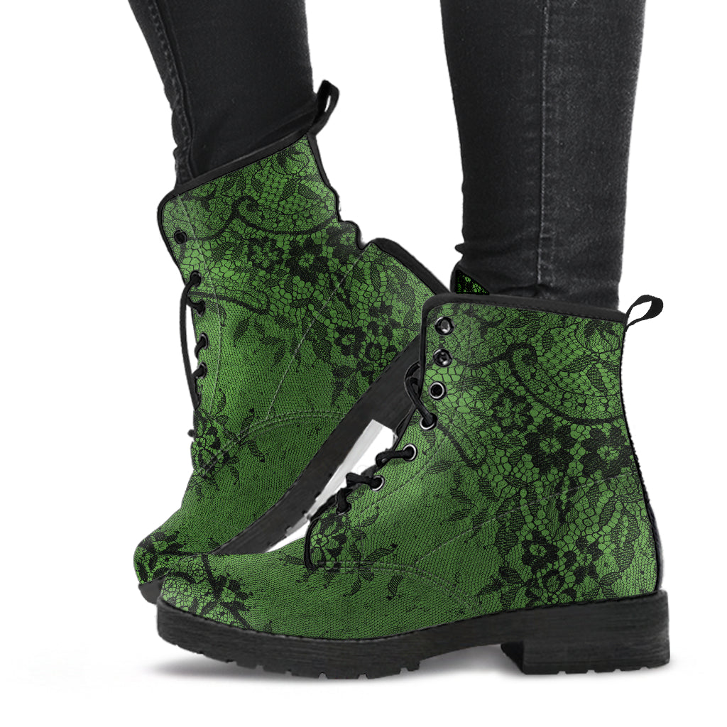 Green with Black Lace Vegan Leather Combat Boots (REG21)
