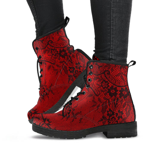 Red lace up combat boots with black lace printed on them.  Just above ankle length, rubber sole for great traction.  Gothic style boots. 