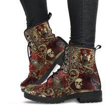 Load image into Gallery viewer, Blood red and gold steampunk gothic boots.  Lace up combat boots printed with owls, ravens, all seeing eye, hot air balloon on a vintage writing background with gold frames and steampunk ephemeral.  super cool. 
