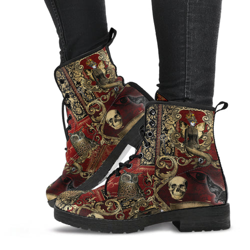 Blood red and gold steampunk gothic boots.  Lace up combat boots printed with owls, ravens, all seeing eye, hot air balloon on a vintage writing background with gold frames and steampunk ephemeral.  super cool. 