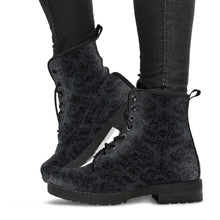 Load image into Gallery viewer, gothic lace up combat boots.  Featuring a dark grey background printed with a black damask print with a skull in the middle of the print.  very gothic and tasteful. The boots are just above ankle length and have a rubber combat boot style sole.  
