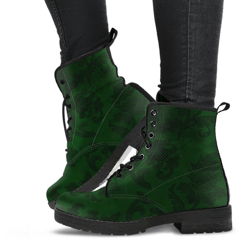 Deep green lace up combat boot with a black damask print.  Just above ankle height combat boots with rubber sole for excellent grip and traction.  