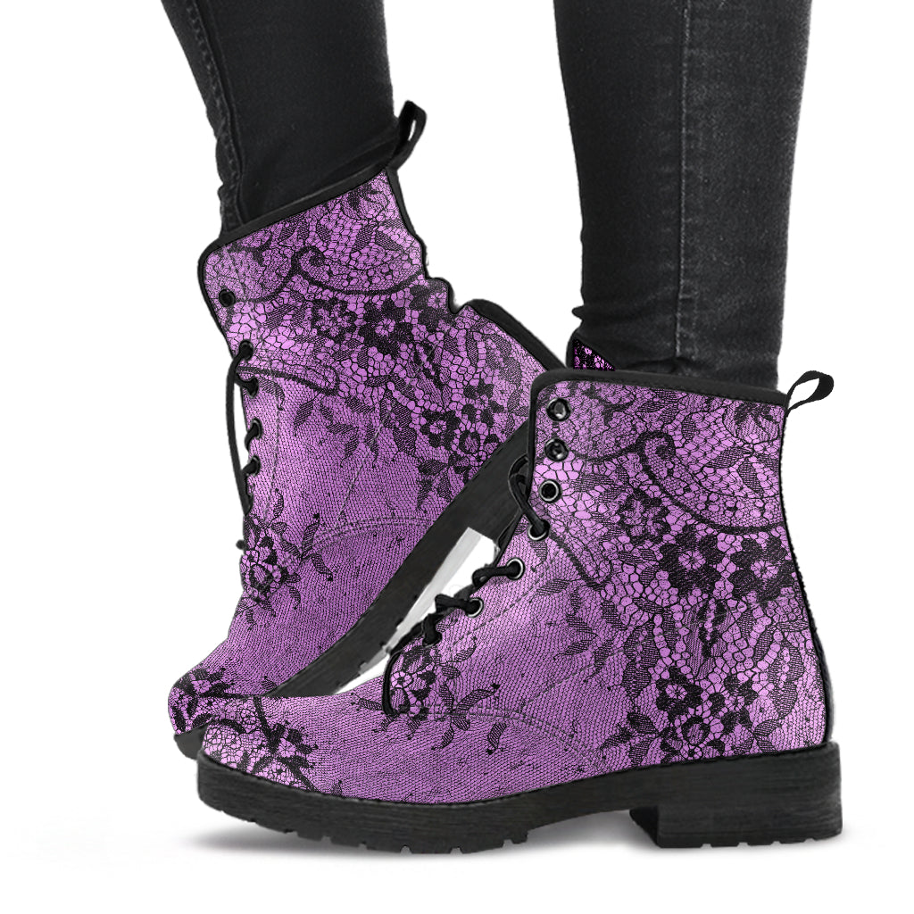 Pink and Black Lace Vegan Leather Combat Boots (REG23)