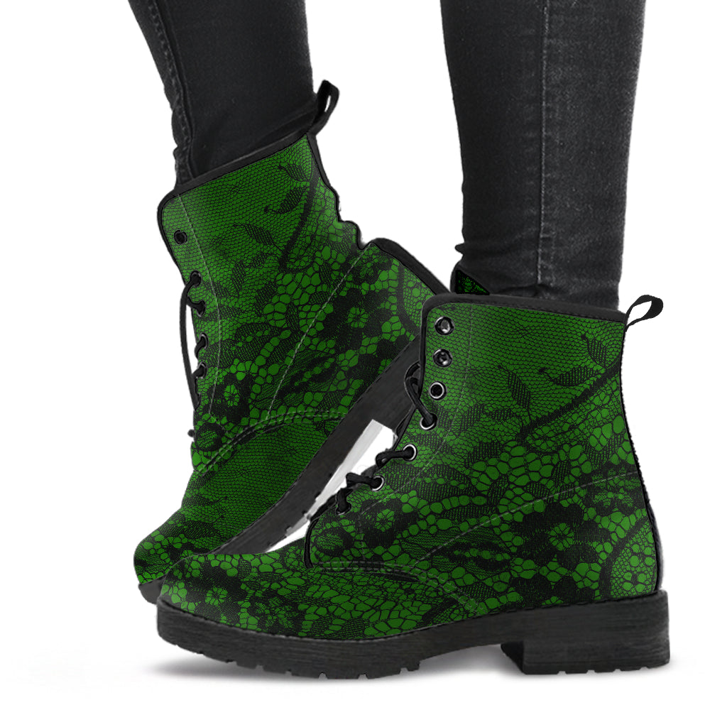 Gothic Kelly Green Combat Boots with black lace print (REG82)