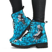 Load image into Gallery viewer, Alice in wonderland turquoise lace up combat boots.  A vibrant turquoise background with alice, the mad hatter, white rabbit and the caterpillar printed on the sides and toes. 
