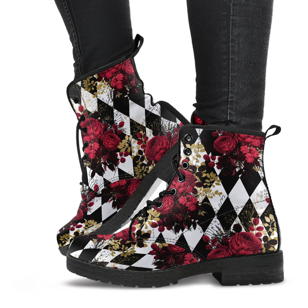 Gothic Roses and Diamonds Vegan leather Combat Boots - Vegan Leather Gothic Rose Boots(REG13)