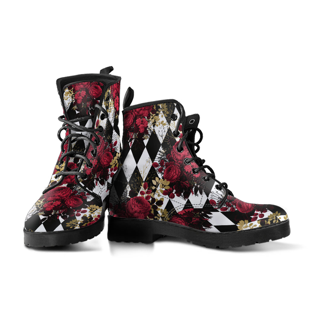 Gothic Roses and Diamonds Vegan leather Combat Boots - Vegan Leather Gothic Rose Boots(REG13)