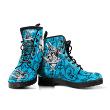 Load image into Gallery viewer, Turquoise Alice in Wonderland Vegan Leather Combat Boots - Mad Hatter Tea Party Costume (REGTA1)
