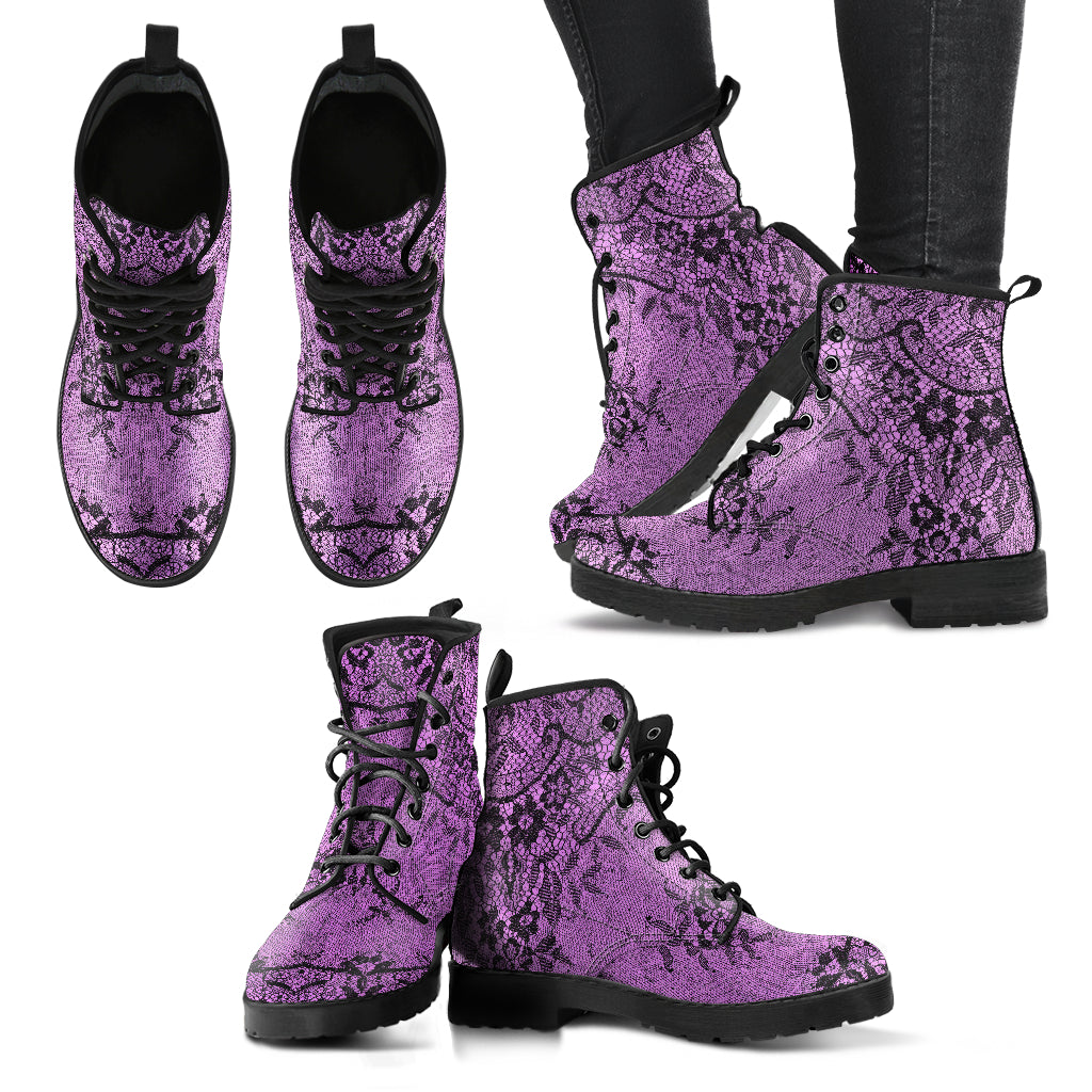 Pink and Black Lace Vegan Leather Combat Boots (REG23)