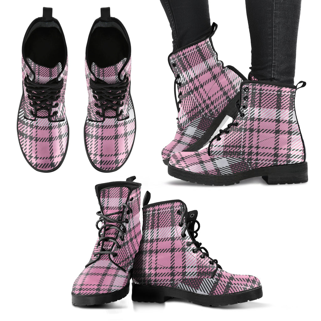 Pink Tartan Vegan Leather Combat Boots (RE101)