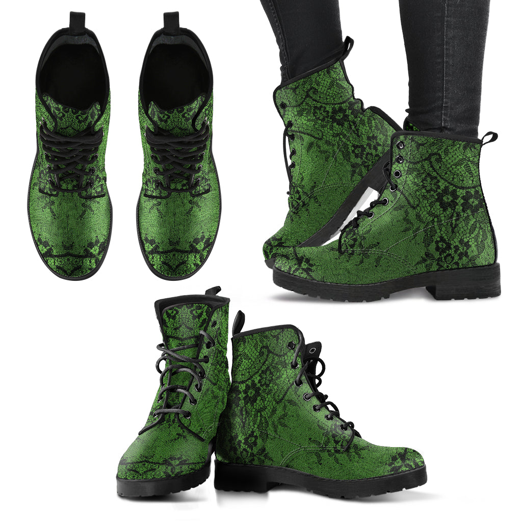 Green with Black Lace Vegan Leather Combat Boots (REG21)