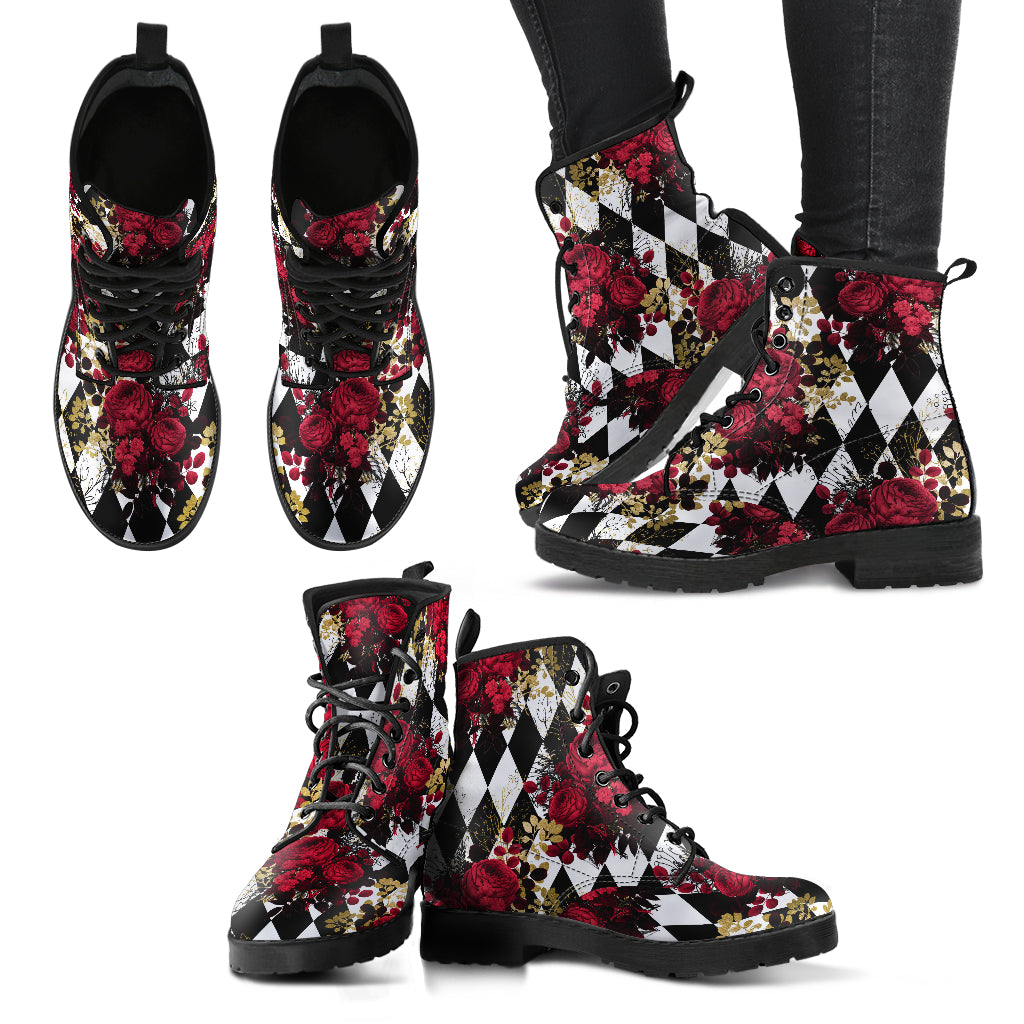 Gothic Roses and Diamonds Vegan leather Combat Boots - Vegan Leather Gothic Rose Boots(REG13)