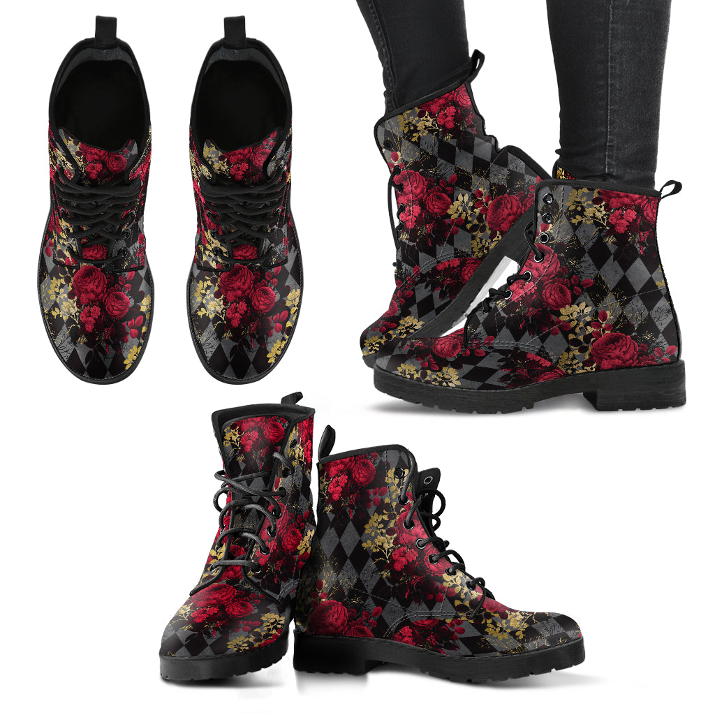 Gothic Roses and Diamonds - Harlequin and Roses Goth Boots (REG2)