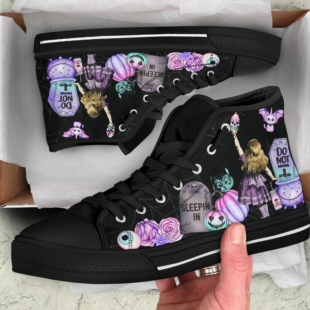 Hi Top Sneakers, Pastel Goth Alice in Wonderland Spiderweb Halloween Sneakers (SNPGA2)