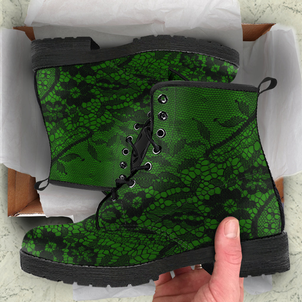 Gothic Kelly Green Combat Boots with black lace print (REG82)