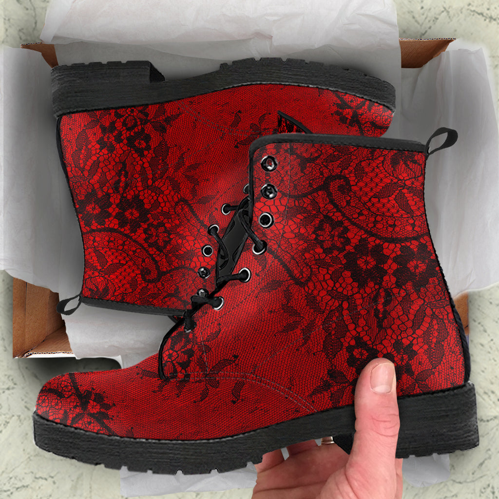 Red and Black Lace Print Vegan Leather Combat Boots (REG 25)