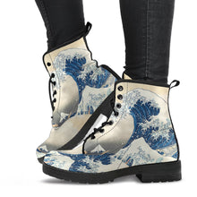 Load image into Gallery viewer, the great wave woodcut custom printed onto a combat style boot, just above ankle length, the boots have black soles and black lacing. 
