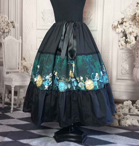 alice in wonderland, full skirt, dark bottle green and black.  Tea party skirt with adjustable waist and mid calf length. 