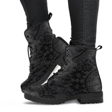 Load image into Gallery viewer, image shows a black and grey lace up combat style boot with a black lace print on a grey background.  The sole and laces of the boots are black and overall the boots have a gothic vibe. 
