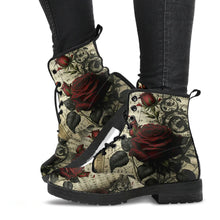 Load image into Gallery viewer, image shows lace up combat boots with black soles and black laces.  The boots are just above ankle length and feature a custom print of dark red roses and sheet music.  Gothic Style.

