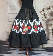Load image into Gallery viewer, Alice in Wonderland queen of hearts tea party skirt.  A mid calf length skirt in vibrant red, gold, black and white.  This full skirt has an adjustable waist. 
