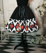 Load image into Gallery viewer, alice in wonderland full 50&#39;s style knee length skirt. Alice characters in black and white, red and gold. Adjustable waist up to 50 inches, suitable for plus sizes
