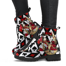 Load image into Gallery viewer, image shows alice in wonderland queen of hearts, lace up combat boots with black laces and black soles.  The custom print is of a vivid black red and white playing cards background with the queen of hearts and queen alice as the feature on each side of the boots.  colours are red, black, white and gold. 
