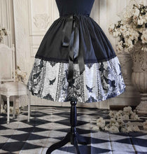 Load image into Gallery viewer, Gothic Raven Full knee  length skirt in black and grey. Adjustable waist up to 50 inches, suitable for plus sizes. Party Skirt, Full 50&#39;s style skirt
