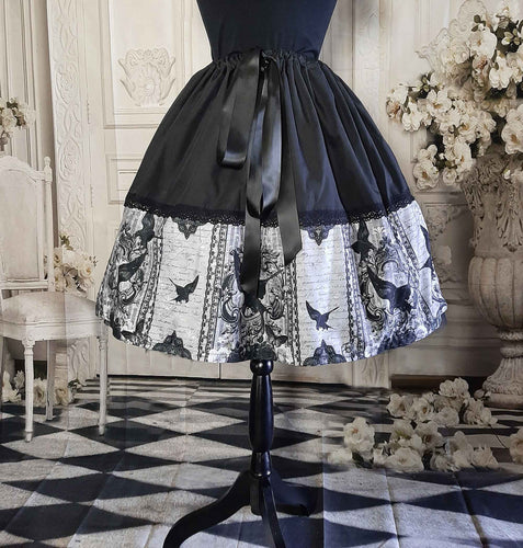 Gothic Raven Full knee  length skirt in black and grey. Adjustable waist up to 50 inches, suitable for plus sizes. Party Skirt, Full 50's style skirt