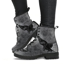 Load image into Gallery viewer, image shows lace up combat boots with a black sole and laces.  Just above ankle length.  The boots feature a print of swooping ravens in black on a gothic grunge grey background
