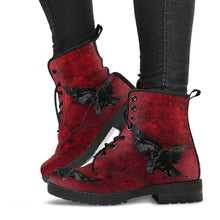 Load image into Gallery viewer, image shows blood red lace up combat boots, just above ankle length.  Boots feature a blood red grungy background with a swooping raven in black on the sides and toes.  
