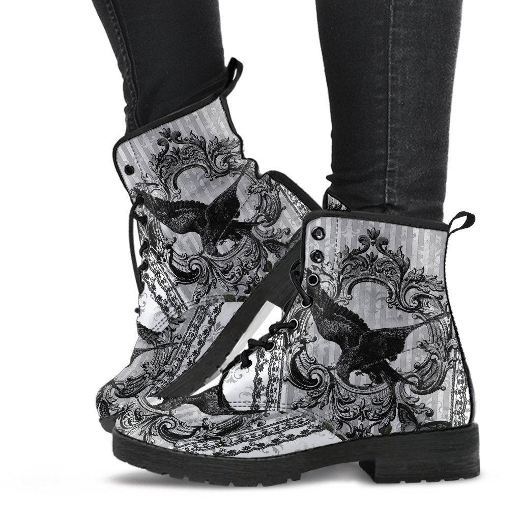 Gothic Raven Black and white Vegan leather Combat Boots - Raven boots  (JPREG61)