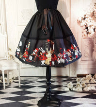 Load image into Gallery viewer, alice in wonderland full 50&#39;s style skirt.  Black lace print with red and gold Alice in Wonderland Characters around the bottom half of the knee length skirt.  Adjustable waist up to 50 inches, suitable for plus sizes. 
