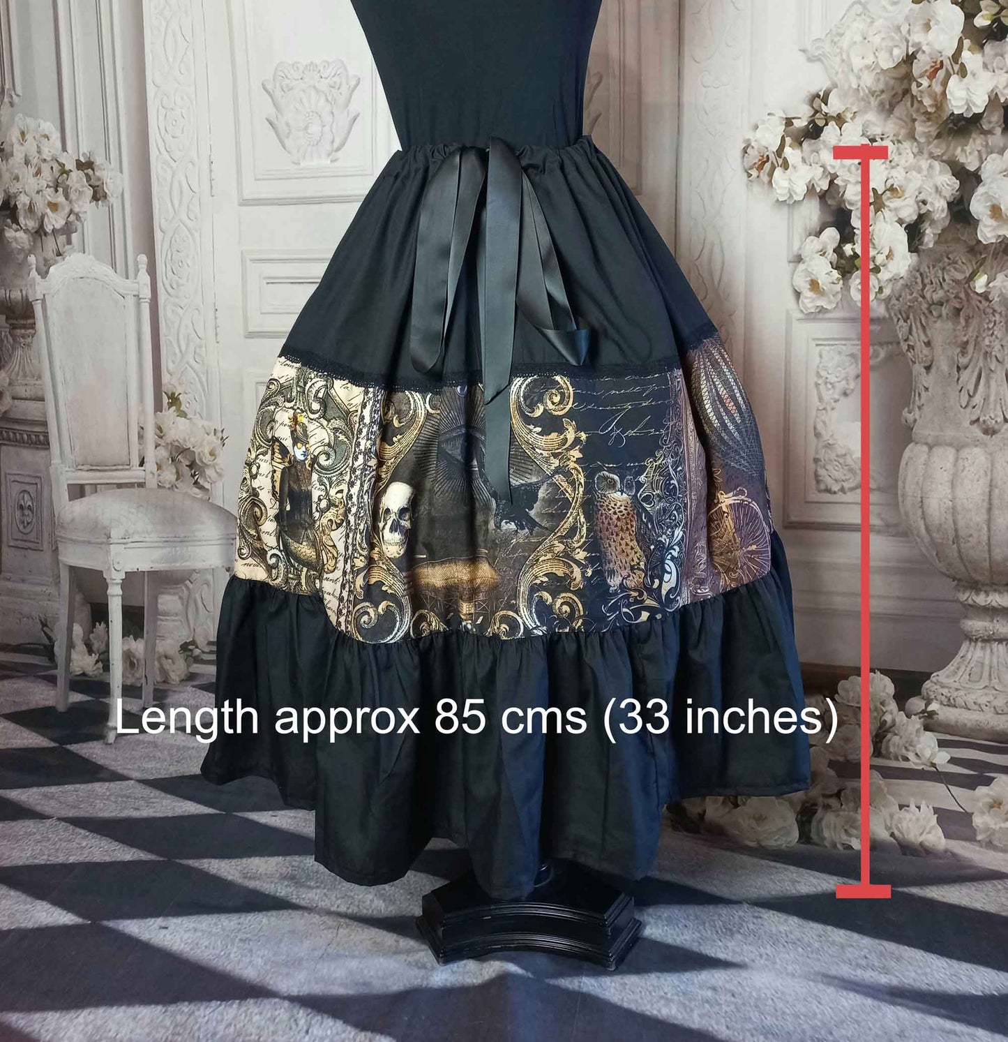 Steampunk Gothic Horror Rockabilly Full Skirt - 50's Style Costume Skirt - Owl and Raven Golden Steampunk Design
