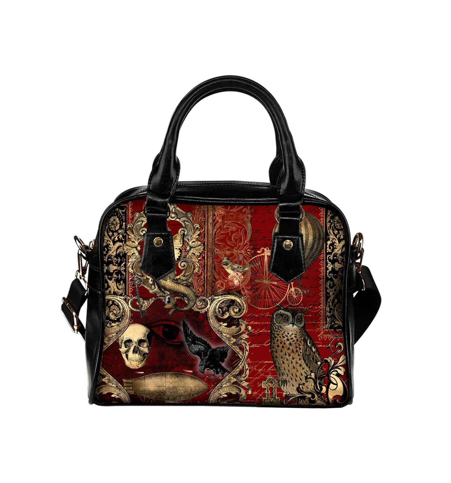 Steampunk Patchwork Dark Academia Blood Red Shopping Tote Bag - Gothic Steampunk Eco Tote (HBAB3)