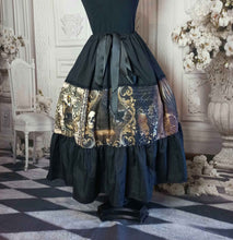 Load image into Gallery viewer, Full mid calf Steampunk gothic skirt.  Black and gold long skirt with adjustable waist up to 50 inches, suitable for plus sizes.  
