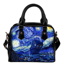 Load image into Gallery viewer, doctor who shoulder purse with Van gogh&#39;s starry night in the background and the tardis coming into land.  The shoulder purse has black handles and an adjustable black shoulder strap.  The approximate size is 9 inches wide and 8 inches high
