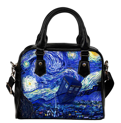 doctor who shoulder purse with Van gogh's starry night in the background and the tardis coming into land.  The shoulder purse has black handles and an adjustable black shoulder strap.  The approximate size is 9 inches wide and 8 inches high